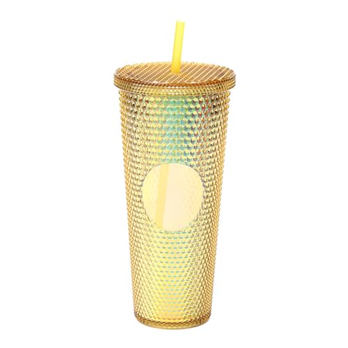 Plastikbecher mit Deckel und Strohhalmen, 710 ml Trinkbecher Wiederverwendbarer Becher Plastik Doppelwandiger für Büro Outdoor Esszimmer Pool (Transparentes Gold) von Ejoyous