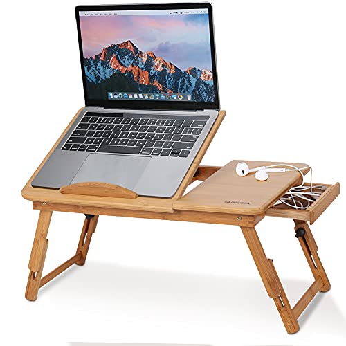 Tragbare verstellbare Bambus-Lapdesk-Bettablage, klappbare Laptop-Schreibtisch-Tischtischablage mit Schublade und Kühllöchern, multifunktionales Bett-Sofa Lapdesk-Lebensmittelablage-Zeichentisch von Ejoyous