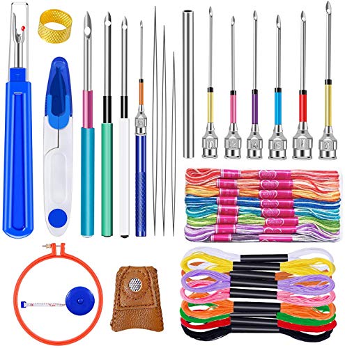 41 Stück Punch Nadel Set, Stickerei Punch Nadel Werkzeug Set mit 20 Stück Stickerei Faden, Nadel Einfädler, Große Naht Ripper, Schere, Thimble und Stickerei Reifen von Ekalee