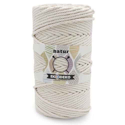 EkoDeko Makramee Garn 5 mm – 100 m – Dickes Baumwollgarn für Makramee, Wanddeko, Pflanzenhänger & DIY – 4-Fach gezwirnt, natürlich & nachhaltig von Eko Deko UG