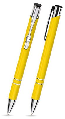 100 Stk. Metall Kugelschreiber mit einseitiger Gravur (Lasergravur) / COSMO gelb. von Ekotaschen