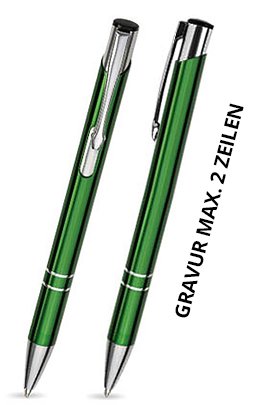 100 Stk. Metall Kugelschreiber mit einseitiger Gravur (Lasergravur) / COSMO grün (glänzend). von Ekotaschen