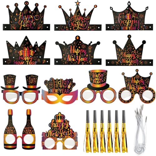 2025 Silvester Foto Requisiten 18 Stück, Silvester Deko 2025, Silvester Brille 2025, Silvester Hüte, Silvester Tröten, Neujahr Dekoration Requisiten für Erwachsene Kinder 2025 Silvester Foto Requisiten 18 Stück, Silvester Deko 2025, Silvester Brille 2025, Silvester Hüte, Silvester Tröten, Neujahr Dekoration Requisiten für Erwachsene Kinder von Ekukeon