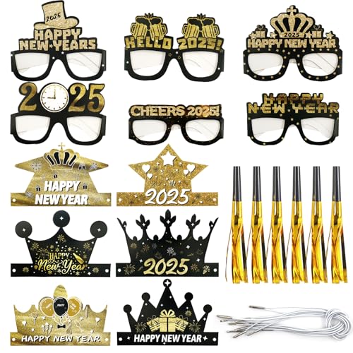 2025 Silvester Foto Requisiten 18 Stück, Silvester Deko 2025, Silvester Brille 2025, Silvester Hüte, Silvester Tröten, Neujahr Dekoration Requisiten für Erwachsene Kinder 2025 Silvester Foto Requisiten 18 Stück, Silvester Deko 2025, Silvester Brille 2025, Silvester Hüte, Silvester Tröten, Neujahr Dekoration Requisiten für Erwachsene Kinder von Ekukeon
