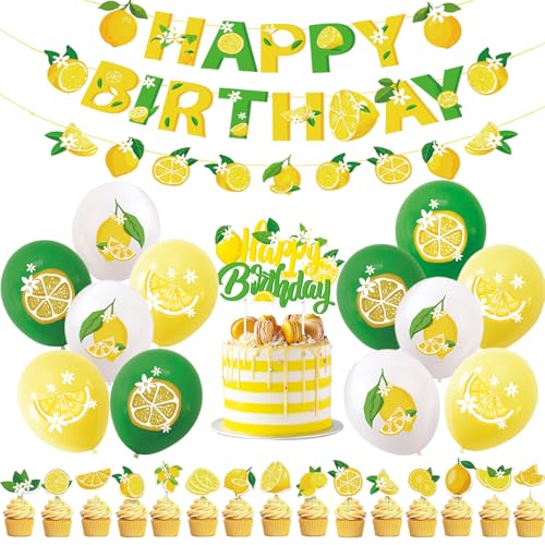 Zitrone Themen-Geburtstagsparty-Dekor-Set, Girlande Geburtstag Deko mit Zitronenmotiv, "Happy Birthday"-Banner, Kuchen- und Cupcake-Topper, für Kinder geburtstags Party Dekoration Party von Ekukeon