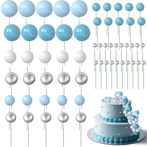 60 Stück Tortendeko-Kugeln (Blau, Silber, Weiß) – Cupcake Deko, Cake Pops, Geburtstagstorte | Wiederverwendbar & Lebensmittelecht von Elalove
