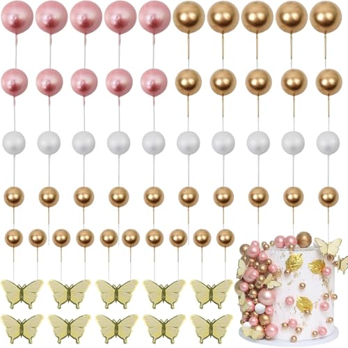 Elalove 60 PCS Kuchen Deko Kugeln und Schmetterlinge Cupcake Deko für Geburtstagstorte Hochzeit Baby Dusche Happy Birthday Cake Topper von Elalove