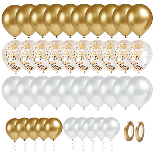 Elalove 70 Stück Luftballons Set Weiß Gold mit Glitzer - Geburtstag Hochzeit Babyparty Dekoration in Pastellfarben und Goldtönen mit Bändern von Elalove