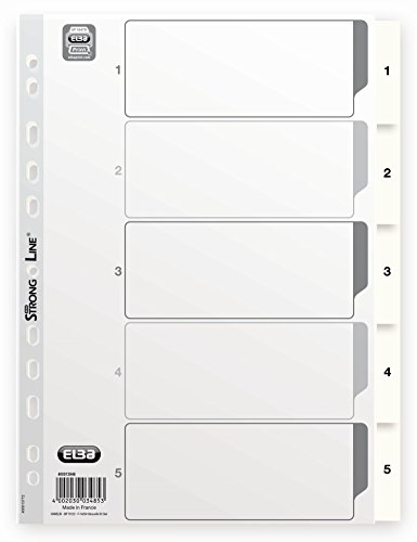 ELBA 400013946 Kunststoff-Register Strong-Line 1-5 5-teilig für DIN A4 Plastikregister mit beschriftbarem Deckblatt weiß Ringbuch Ordner Ring-Mappe von Elba