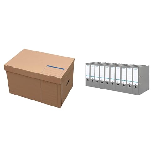 Elba Archiv-Box Tric System, naturbraun, 10er Pack Ordner A4, Smart Pro, 8 cm breit, Kunststoff außen, grau, 10er Pack von Elba
