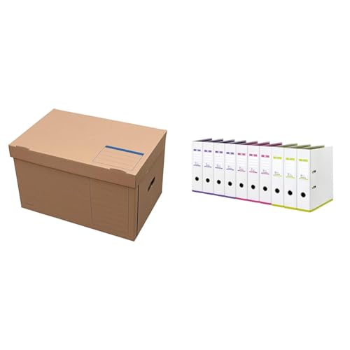 Elba Archiv-Box Tric System, naturbraun, 10er Pack und Oxford myColour Ordner A4, 8 cm breit, zweifarbig weiß sortiert, 10er Pack von Elba