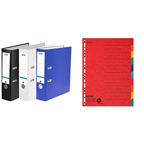 Elba Ordner A4, Smart Pro, 8 cm breit, 3 Farben, 3 Stück & Original Falken Karton-Register überbreit für DIN A4+ 240 x 297 mm volle Höhe mit Organisationsdruck 10-teilig vollfarbig 2 x 5 Farben von Elba
