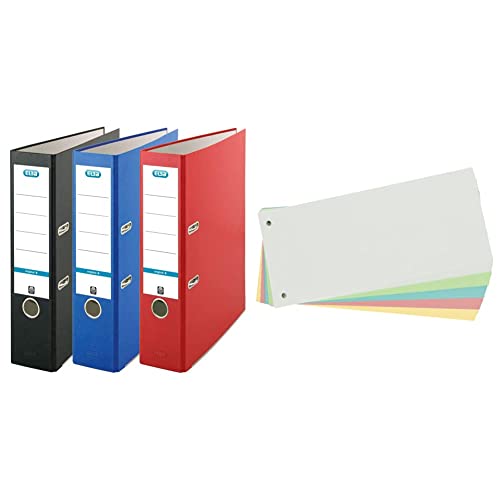 Elba Ordner A4, smart Original, 8 cm breit, 3 Farben, rot/blau/schwarz, 3 Stück & Limit Trennstreifen, aus Karton, gelocht, 180 g/m², 5 Farben, 100 Stück, ‎240 x 105 mm von Elba