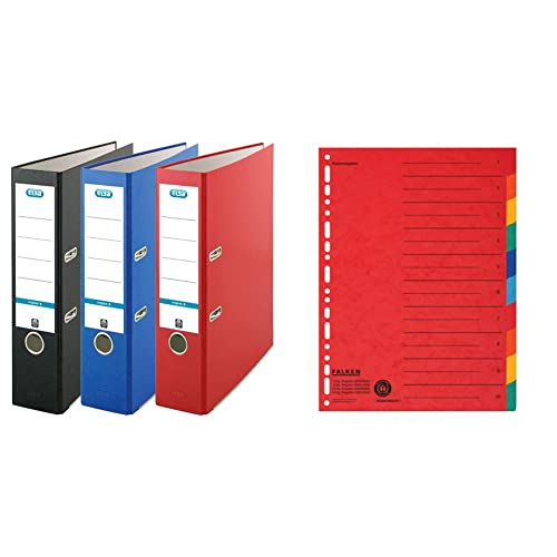 Elba Ordner A4, smart Original, 8 cm breit, 3 Farben, rot/blau/schwarz, 3 Stück & Original Falken Karton-Register überbreit für DIN A4+ 24,5 x 30 cm volle Höhe von Elba