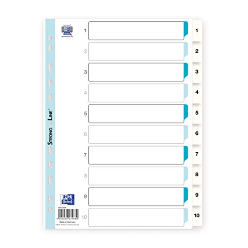 Oxford 400013908 Kunststoff-Register Strong-Line 10er Pack 1-10 10-teilig für DIN A4 Plastikregister mit beschriftbarem Deckblatt weiß Ringbuch Ordner Ring-Mappe von Elba