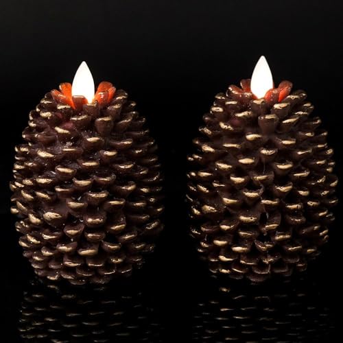 Eldnacele Braun Tannenzapfenförmige LED Kerzen mit Timer, Batteriebetriebener Beweglicher Docht Realistische Wachskerzen Tannenzapfen-Design für Weihnachtsfeiertagsdekoration, 2er Set(9cmx12cm) von Eldnacele
