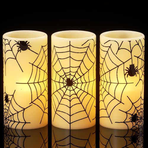 Eldnacele Halloween LED Kerzen mit Timerfunktion, flammenlose Stumpenkerzen Echtwachssäulenkerzen flackernd, Spinnennetz & Spinnen-Kerzenset, 3er-Set, Ø 7,5 cm x H 15 cm Halloween-Dekorationen Eldnacele Halloween LED Kerzen mit Timerfunktion, flammenlose Stumpenkerzen Echtwachssäulenkerzen flackernd, Spinnennetz & Spinnen-Kerzenset, 3er-Set, Ø 7,5 cm x H 15 cm Halloween-Dekorationen von Eldnacele