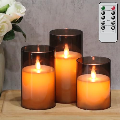 Eldnacele LED Kerzen mit Timerfunktion, Batteriebetriebene Kerzen mit Fernbedienung, flammenlose Kerzen, bewegliche Flamme, elektrische 3-teilige led Kerzen-Set, Art Zimmer Deko, Grau von Eldnacele