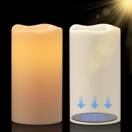Eldnacele Solar LED Kerzen für Außen, SolarKerzen Outdoor, Wasserdichte Solarleuchte, Akku, Campinglampe Flammeneffekt, Flackerlicht, Dämmerungsschalter, Set mit 2 Stück (Ø7.5 x 15 cm, Creme) von Eldnacele