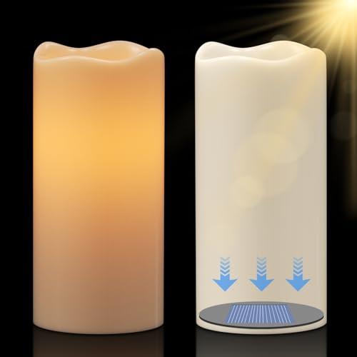 Eldnacele Solar LED Kerzen für Außen, SolarKerzen Outdoor, Wasserdichte Solarleuchte, Akku, Campinglampe Flammeneffekt, Flackerlicht, Dämmerungsschalter, Set mit 2 Stück (Ø7.5 x 20 cm, Creme) von Eldnacele