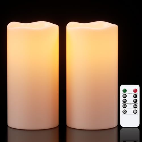 Eldnacele Wasserdichte Flammenlose Kerzen mit Timerfunktion, Batteriebetriebene Große LED Kerzen Fernbedienung für Außen Garten Laternen, Flackerlicht, Set mit 2 Stück (Ø10 x 20 cm, Creme) von Eldnacele