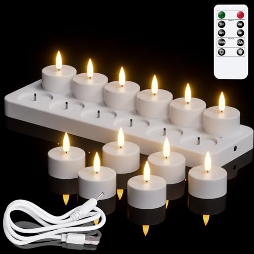 Eldnacele Teelichter Led aufladbar mit Fernbedienung, 12er Set Led Teelichter wiederaufladbar mit Timer, flammenlose Votivkerzen für Heimdekoration, saisonale Deko von Eldnacele