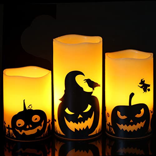 Eldnacele flammenlose Halloween Kerzen, LED flackernde batteriebetriebene Stumpenkerzen mit 6H Timer und Kürbis-Aufklebern, gruselige Herbst-Halloween-Party-Dekoration, 3er-Set Eldnacele flammenlose Halloween Kerzen, LED flackernde batteriebetriebene Stumpenkerzen mit 6H Timer und Kürbis-Aufklebern, gruselige Herbst-Halloween-Party-Dekoration, 3er-Set von Eldnacele