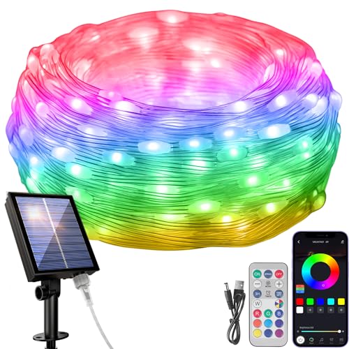 Solar Lichterkette Lichterketten für Weihnachten, Aussen RGB Bunt Lichtschlauch Fernbedienung & App Steuerung, 99+ Modus, Sync Musik, Timer, für Garten, Balkon, Terrasse, Tor, Hof, Party - 5M 50LED Solar Lichterkette Lichterketten für Weihnachten, Aussen RGB Bunt Lichtschlauch Fernbedienung & App Steuerung, 99+ Modus, Sync Musik, Timer, für Garten, Balkon, Terrasse, Tor, Hof, Party - 5M 50LED von Electight