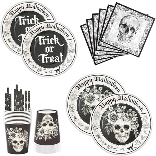 Eledreme Halloween Geschirr Set - 10 Sätze Kürbis Deko Tischdeko, Inklusive Pappteller, Pappbecher, Servietten, Strohhalme für Party Deko von Eledreme