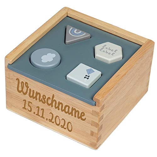 Elefantasie Formenspiel Sortierbox aus Holz blau personalisierbar mit Name und Datum Baby Geschenk mit Gravur von Elefantasie