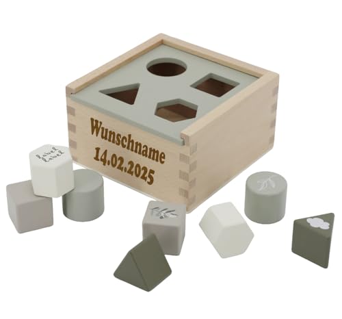 Elefantasie Formenspiel Sortierbox aus Holz mit Namen und Geburtsdatum graviert div. Farben (Oliv) von Elefantasie