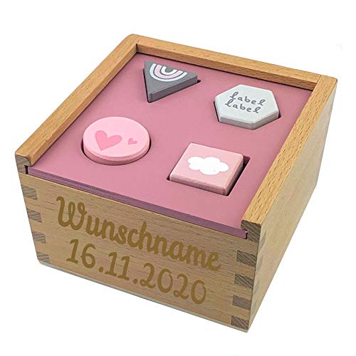 Elefantasie Formenspiel Sortierbox aus Holz rosa personalisierbar mit Name und Datum Baby Geschenk mit Gravur von Elefantasie