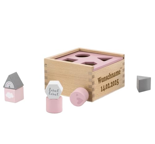 Elefantasie Formenspiel Sortierbox aus Holz rosa personalisierbar mit Name und Datum Baby Geschenk mit Gravur von Elefantasie