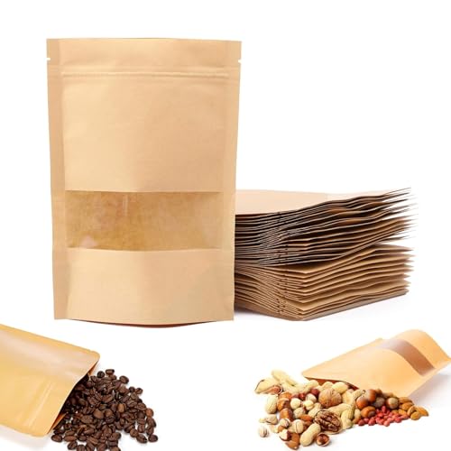 Papiertüten mit Fenster,50 Stück Standbodenbeutel Mit Sichtfenster Braun Wiederverwendbar Imprägniern Kraftpapiertüten Kraftpapier Tüten für Verpacken von Lebensmitteln, Nüsse, Teeblätter, Snacks Papiertüten mit Fenster,50 Stück Standbodenbeutel Mit Sichtfenster Braun Wiederverwendbar Imprägniern Kraftpapiertüten Kraftpapier Tüten für Verpacken von Lebensmitteln, Nüsse, Teeblätter, Snacks von Elegance-go