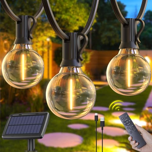 Elegear Solar Lichterkette Aussen 18,5M mit Fernbedienung, (25+2) G40 Glühbirnen,4 Modi/4 Helligkeit/Timer Funktion/IP44 Wasserfest Outdoor Lichterkette Dimmbare Solarlichterkette für Garten,Balkon von Elegear