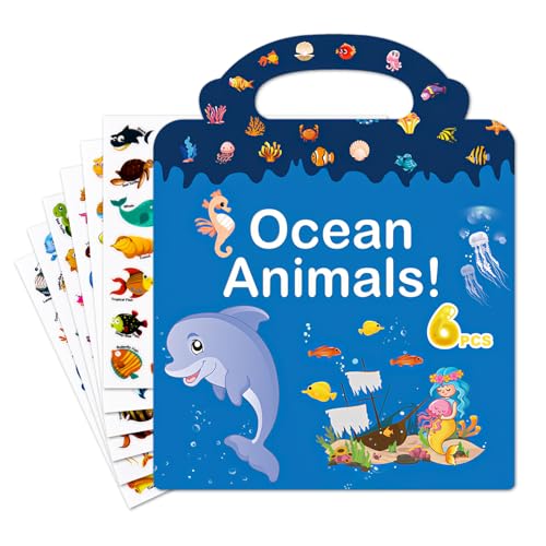 Wiederverwendbare Stickerbücher Spielzeug für Kinder Stickerbuch für 2 bis 6 Jahre Jungen Mädchen Kleinkind, Aufkleber Bücher 3D Sticker Buch Pädagogisches Lernspielzeug Geschenke Ozeantier von Elektheim