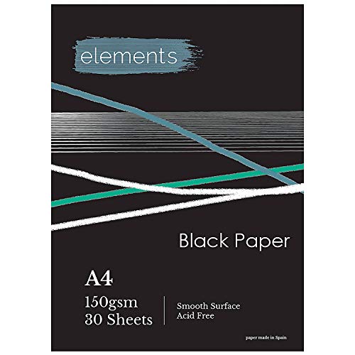 Elements A4 schwarzer Skizzenblock – A4 schwarzes Papier Skizzenblock, 150 g/m², 30 Blatt, säurefrei, glatte Oberfläche für gemischte Medien, Graphit- und Buntstifte, Kohle, Ölpastelle, Gelstifte, von Elements