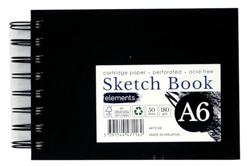 Elements A6 Wire-O Skizzenbuch, 50 Blatt (100 Seiten), säurefreies Papier, 180 g/m², perforierte Seiten, ideal für Mixed Media Art (schwarzer Einband) von Elements