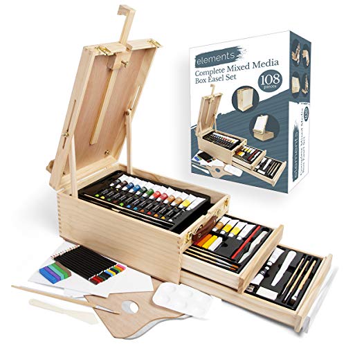 Elements All Media Tischstaffelei für Kunst – 108-teiliges komplettes Media-Box aus Acryl, Öl, Malerei, Zeichnen, Skizzieren, 3 Schubladen, Holz-Staffelei-Set für Künstler Elements All Media Tischstaffelei für Kunst – 108-teiliges komplettes Media-Box aus Acryl, Öl, Malerei, Zeichnen, Skizzieren, 3 Schubladen, Holz-Staffelei-Set für Künstler von Elements