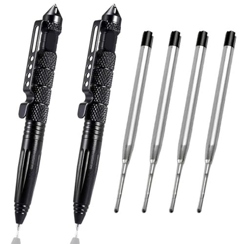 ElevaPulse 2 Stück Multitool Tactical Pen mit 4 Tinten Nachfüllpackungen, Taktischer Stift, Taktischer Kugelschreiber, Survival Gadget, für Schreiben, Emergent Tool Und Geschenk Schwarz von ElevaPulse