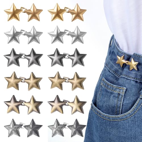 ElevateTech 12 Stück Hosenbund-Stretcher Mit Stern-Nadeln verstellbare Taillen-Schnallen Abnehmbar Kein Nähen Erforderlich Modisches Accessoire Für Damen Röcke Hosen Jeans (Silber/Gold) von ElevateTech