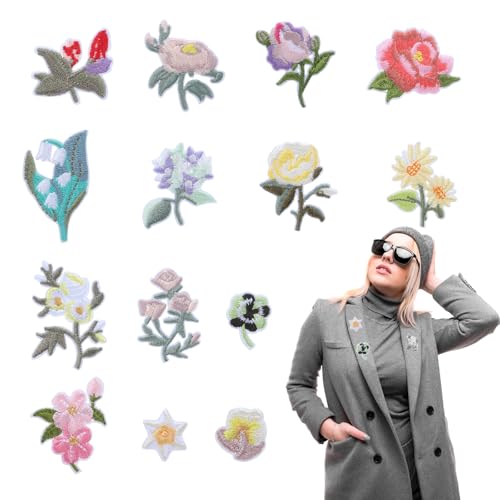 ElevateTech 14 x Blumen-Aufnäher zum Aufbügeln, niedliche Mini-Flicken, bestickt, geeignet für DIY-Dekoration von Kleidung, Hosen, Hüten, Rucksäcken (grün, weiß, rot, pink) von ElevateTech