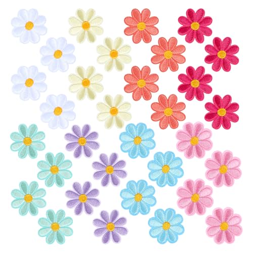 ElevateTech 32 Stück Gänseblümchen-Aufnäher, zum Aufbügeln, niedliche Mini-Flicken, bestickt, geeignet für DIY-Dekoration von Kleidung, Hosen, Hüten, Rucksäcken (Rosa, Weiß, Grün, Gelb, Lila, Blau von ElevateTech