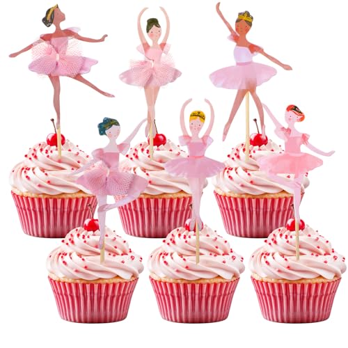 ElevateTech 36 Stück Ballerina-Geburtstagsdeko Cupcake-Topper Geburtstagsdeko für Mädchen Tinkerbell Desserts Muffins Eiscreme Hochzeit Babyparty Geburtstagsfeier (Pink) von ElevateTech