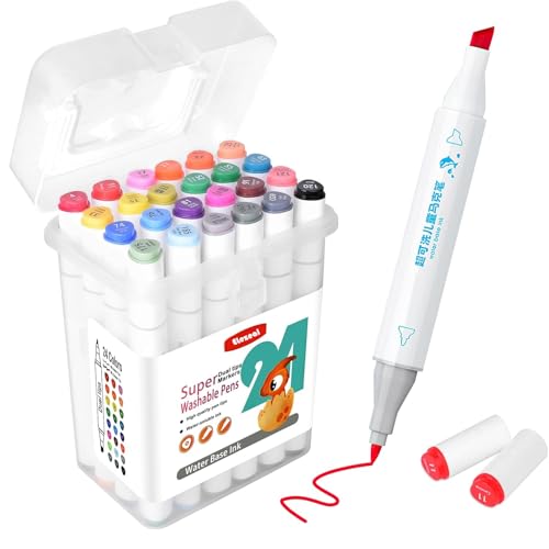 Elezeal 24 Assorted Colours Dual Tip Super Washable Colouring Pens Kit für Kinder Premium Filzstifte, die sich leicht von Haut und Kleidung abwaschen lassen | Ideal für Kinder ab 3 Jahren von Elezeal