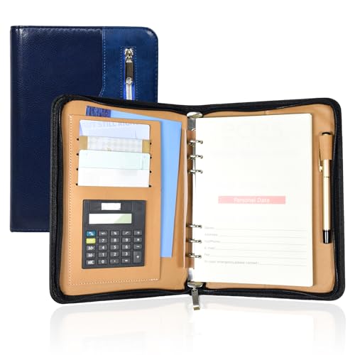 Elezeal Konferenzmappe aus PU-Leder, lose Blätter, A5, Ringbuch, persönliche Arbeit, Padfolio mit Taschenrechner, Reißverschlusstasche und nachfüllbaren Seiten, Business-Notizbuch, Organizer mit von Elezeal