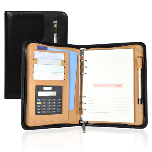 Elezeal Konferenzmappe aus PU-Leder, lose Blätter, A5, Ringbuch, persönliche Arbeit, Padfolio mit Taschenrechner, Reißverschlusstasche und nachfüllbaren Seiten, Business-Notizbuch, Organizer mit von Elezeal