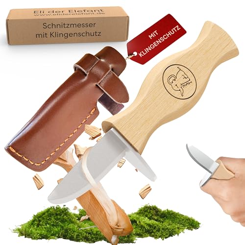 Eli® Schnitzmesser für Kinder mit Klingenschutz aus Leder ab 6 Jahre - hochwertiges Kindermesser Schnitzset - Kinderschitzmesser - Schnitzwerkzeug - Outdoor Messer für Jungen und Mädchen von Eli