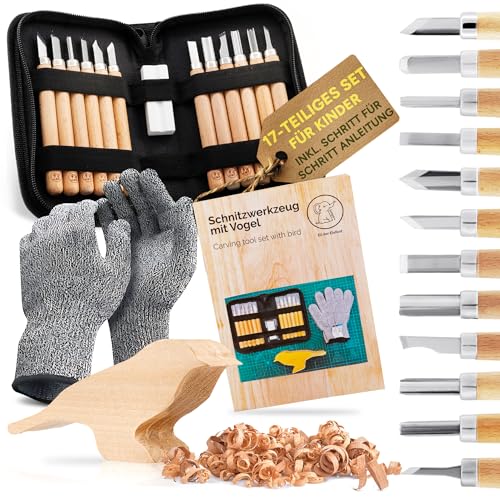 Eli® Schnitzset für Kinder (17-teilig) inkl. Schnitzanleitung - Rohling aus Holz Motiv Vogel - 12 hochwertige Schnitzwerkzeug - Schnitzmesser mit Schleifstein und prakt. Tasche zum Schnitzen von Eli