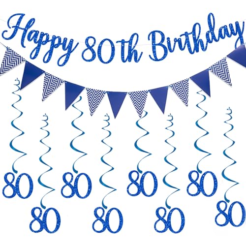 Elicola 80. Geburtstag Party Blau Dekorationen Happy 80th Birthday Wimpelkette Banner mit 8 hängenden Wirbeln Luftschlangen für Frauen Geburtstag Jahrestag Party Decor Supplies Blau von Elicola